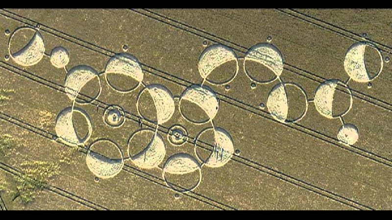 On July 23, 2011, in Wiltshire, United Kingdom, a pictogram in the form of a spatial molecule of melatonin appeared in a wheat field.