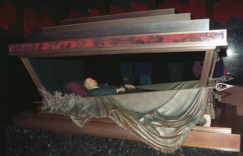 Photograph of the mummy of Vladimir Ilyich Lenin in the Mausoleum on Red Square.