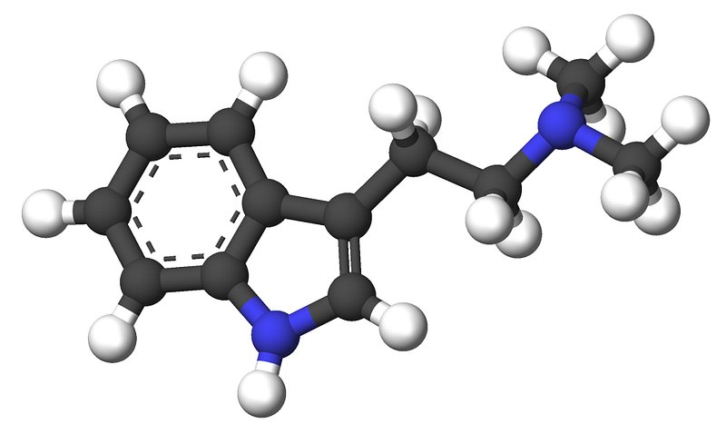 Spatial model of the molecule dimethyltryptamine.